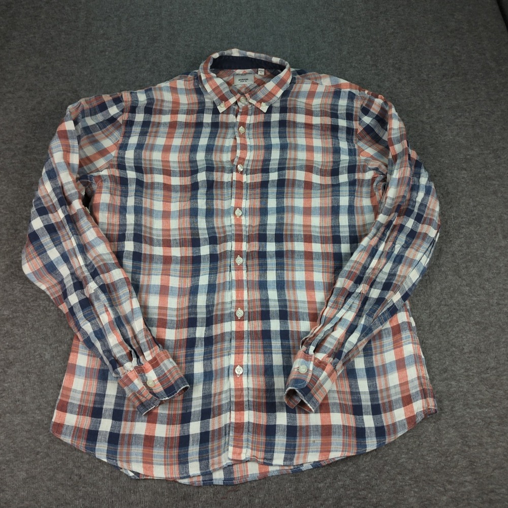 Baird McNutt Shirt Mens Large Red Blue Plaid Linen Murano Slim Fit Casual